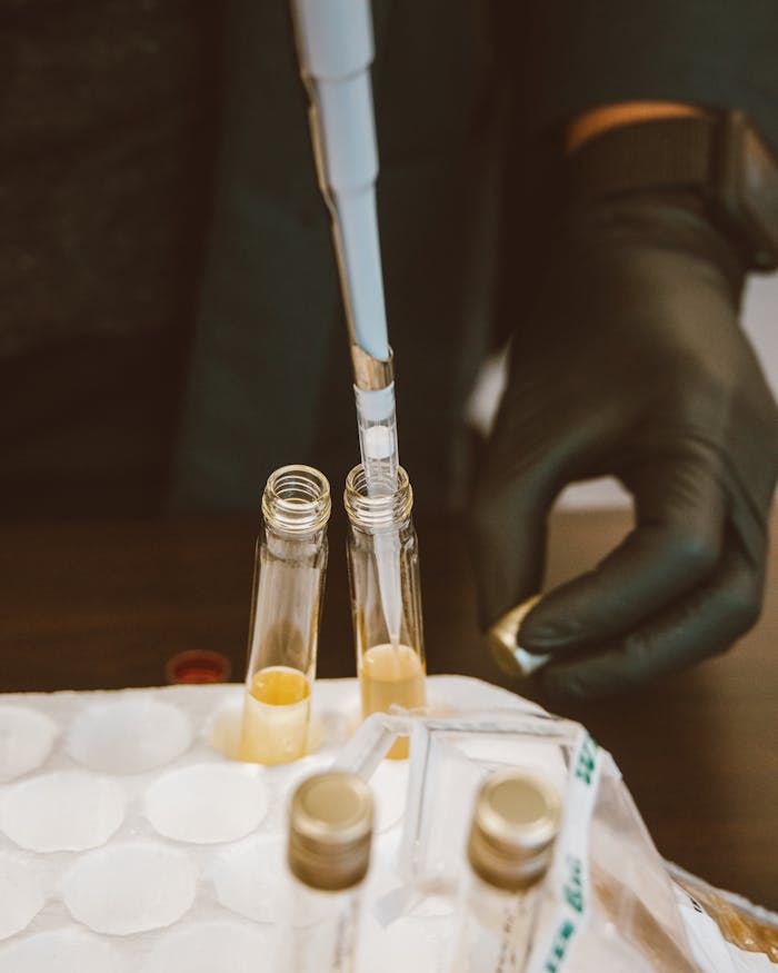 Close-up of a scientist using a pipette in laboratory, focusing on test tubes and black gloves.